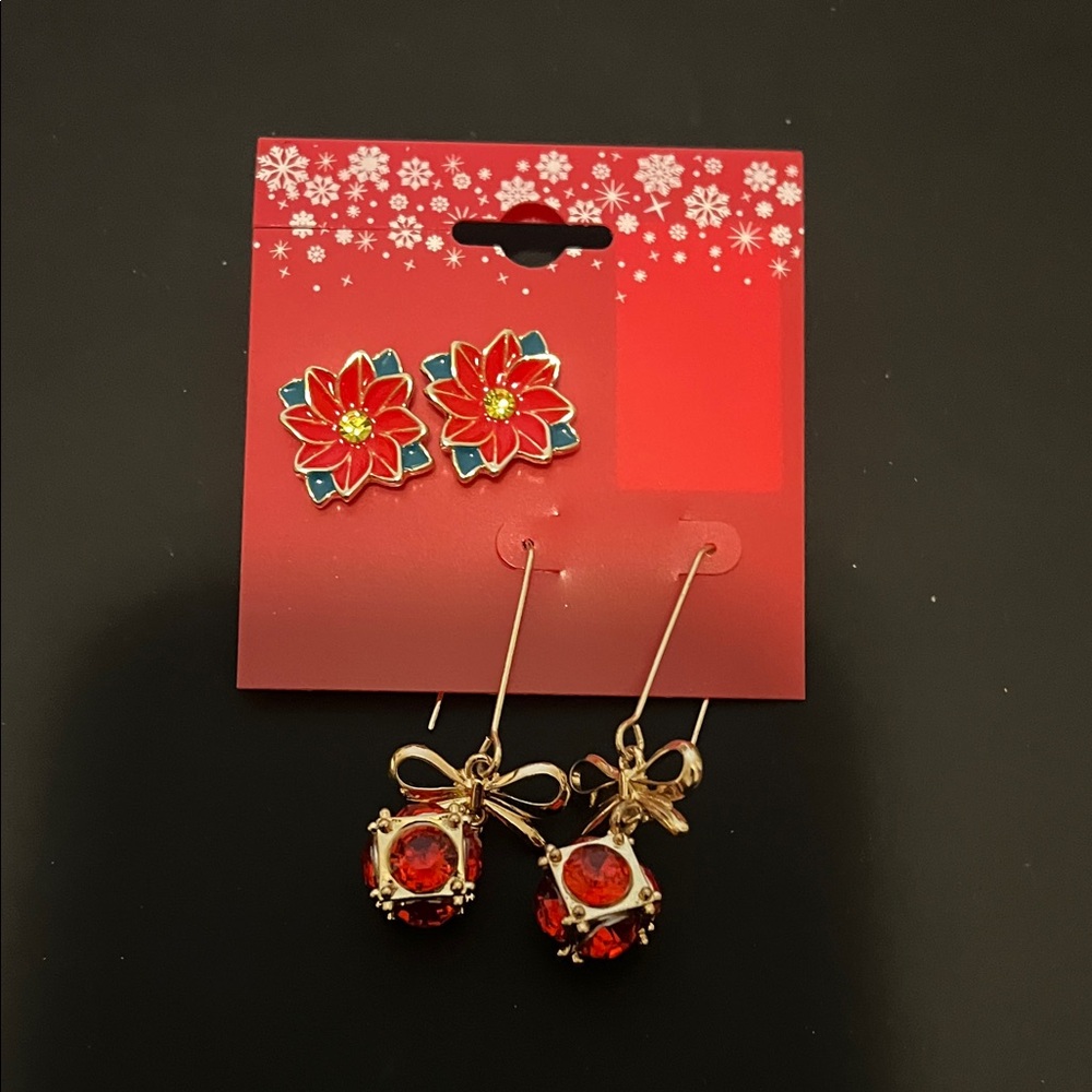 Festive Red Poinsettia & Bow Drop Earrings Set